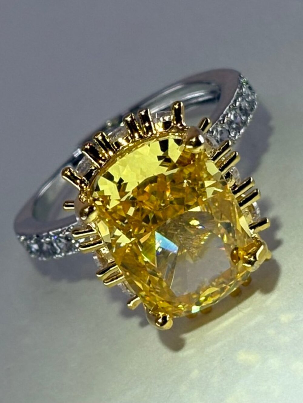 18K Gold Plated Yellow Cushion Ice Cut CZ Statement Cocktail Ring ADJ 6.82g